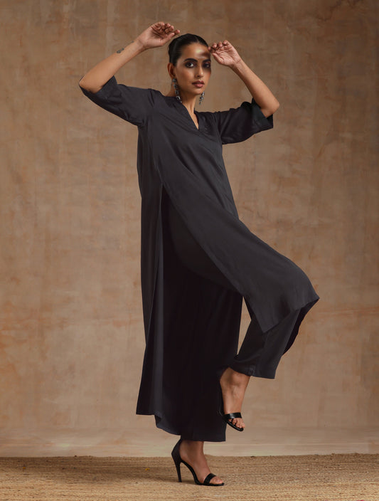trueBrowns Grey Modal Satin High-Low Relax Kurta Set | Relove | Swadesiicart