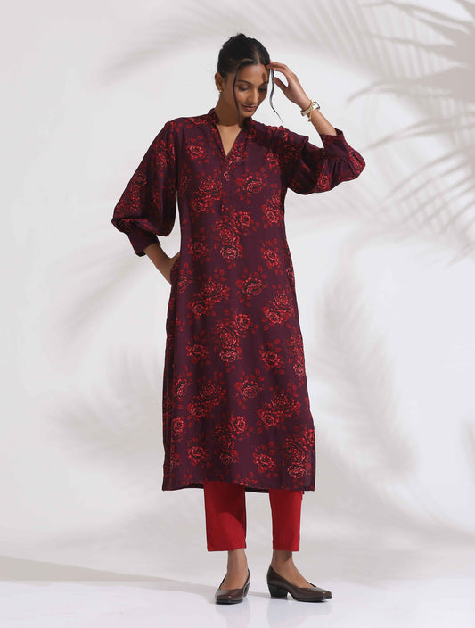 trueBrowns Purple Floral Print Kurta Set | Swadesiicart