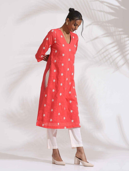 trueBrowns Orange Cotton Floral Embroidered Kurta Set | Swadesiicart