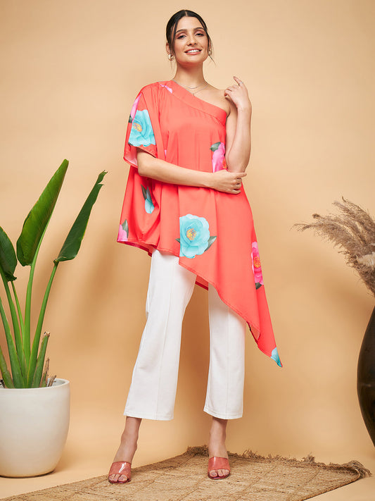 InWeave Women's Dark Orange Pink Blue Flower One Shoulder Kurta - Swadesiicart