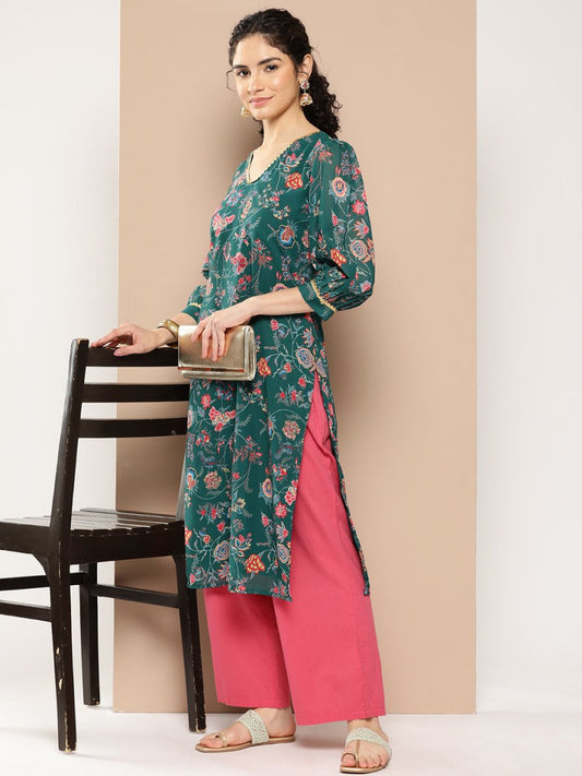 Ahalyaa Women Floral Printed Gotta Patti Floral Georgette Kurta | Swadesiicart