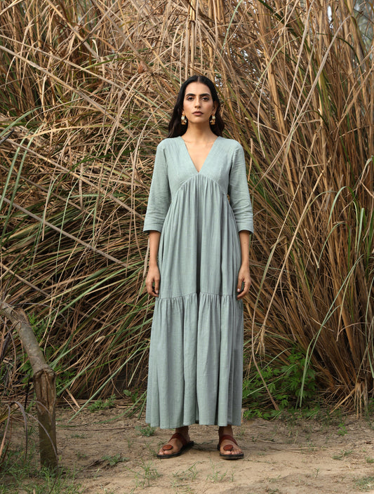 trueBrowns Blue Cotton Tiered Dress | Swadesiicart