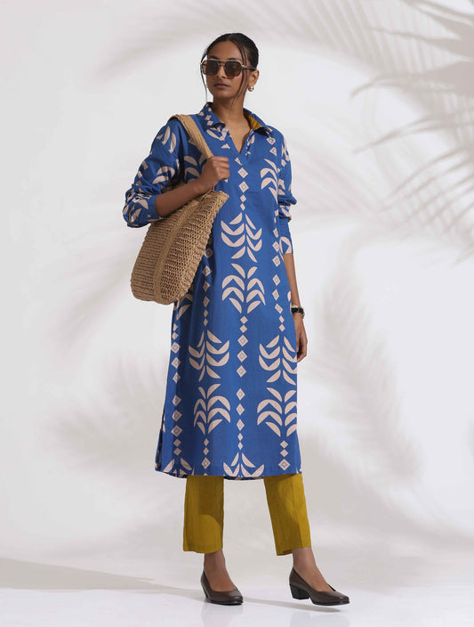 trueBrowns Blue Cotton Stripe Print Kurta Set | Swadesiicart