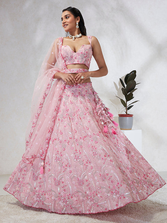 House of Panchhi Pink Georgette Sequins And Thread Embroidery Lehenga Choli & Dupatta