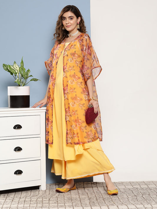 InWeave Women's Cassatta Yellow Cr Strappy Set With Mustard Brown Cape - Swadesiicart