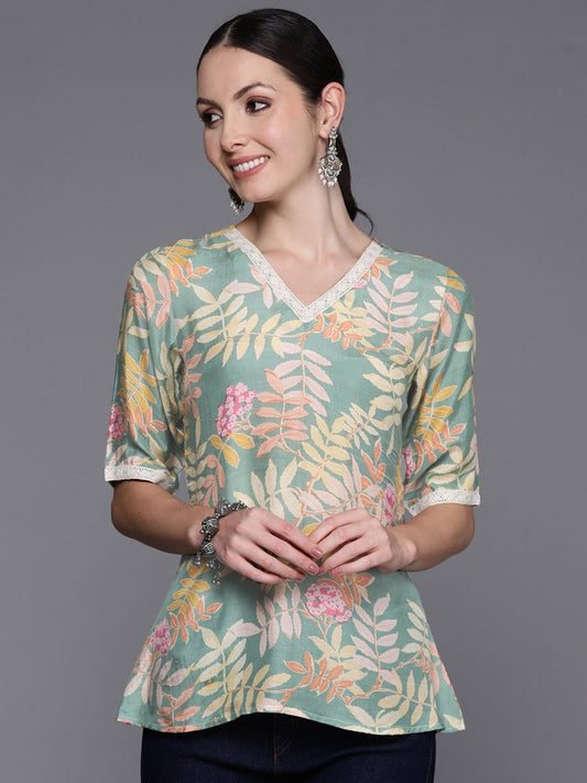 Ahalyaa Floral Printed Tunic with Lace Inserts Detail | Swadesiicart