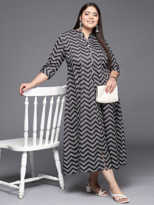 Ahalyaa Plus Size Chevron Print Crepe Mandarin Collar A-line Midi Ethnic Dress | Swadesiicart