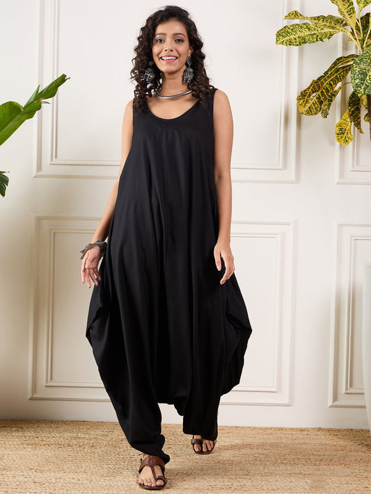 InWeave Black Round Sleeveless Jumpsuit - Swadesiicart