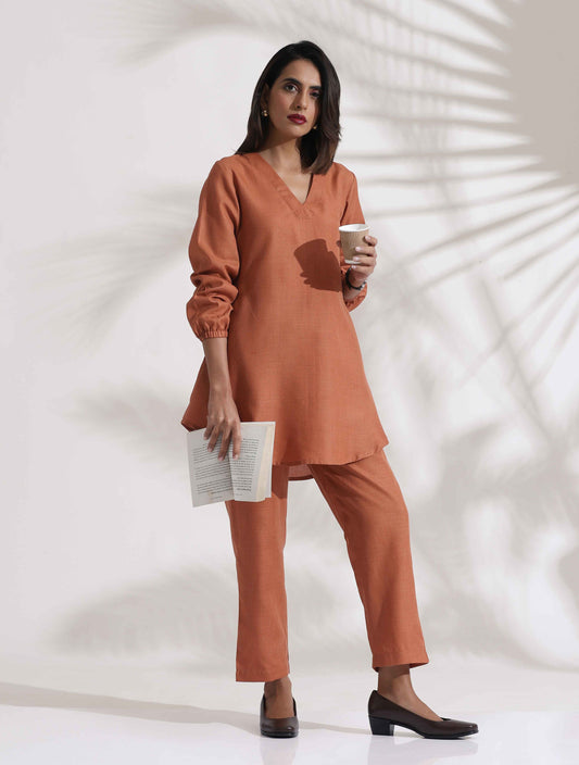 trueBrowns Rust Slub Co-ord Set - Swadesiicart