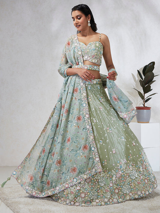 House of Panchhi Lime Green Chiffon Sequins And Thread Embroidery Lehenga Choli & Dupatta