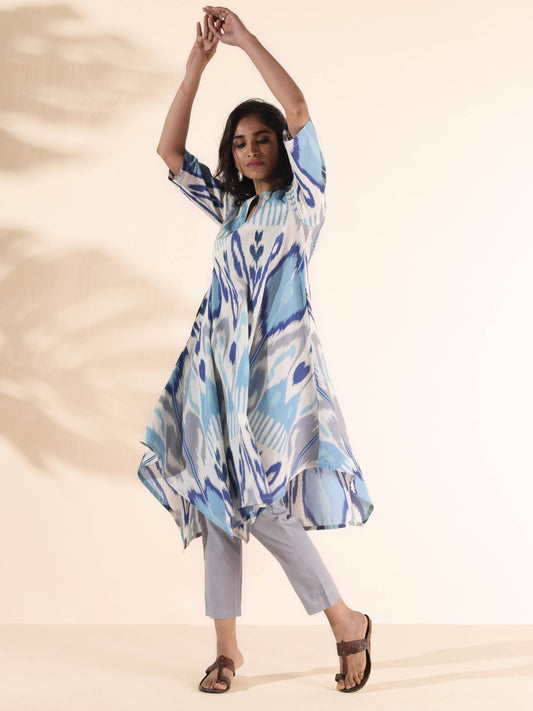 trueBrowns Blue Cotton Ikat Flared Kurta Pant Set | Swadesiicart