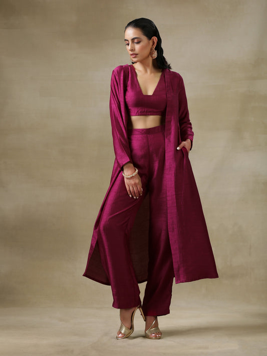 trueBrowns Purple Textured Silk Overlay Jacket Blouse Pant Set | Relove | Swadesiicart