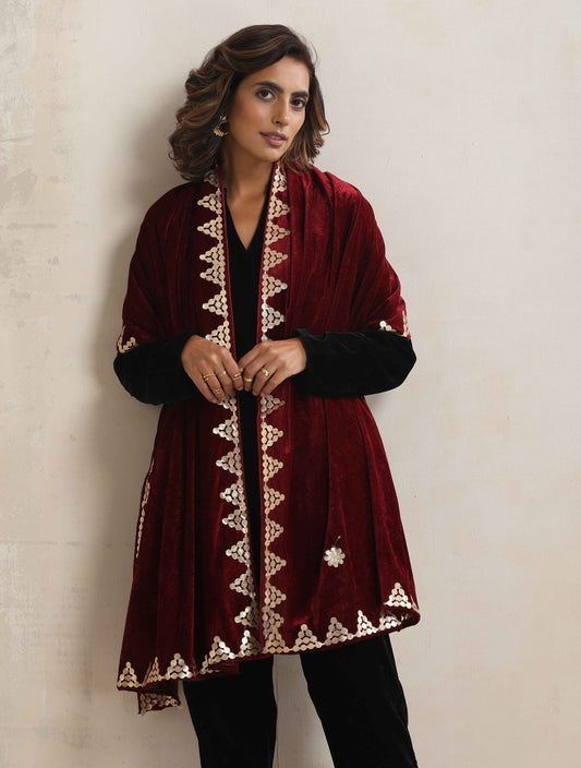trueBrowns Maroon Velvet Gota Patti Stole | Swadesiicart