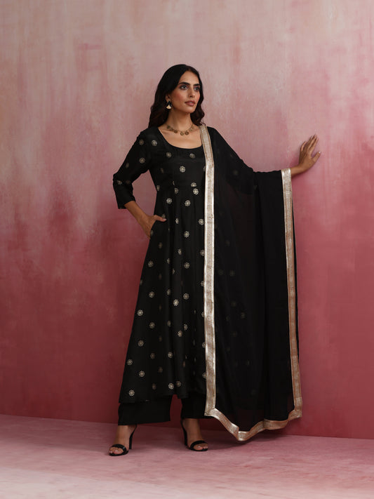 trueBrowns Black Viscose Silk Kurta Set | Swadesiicart