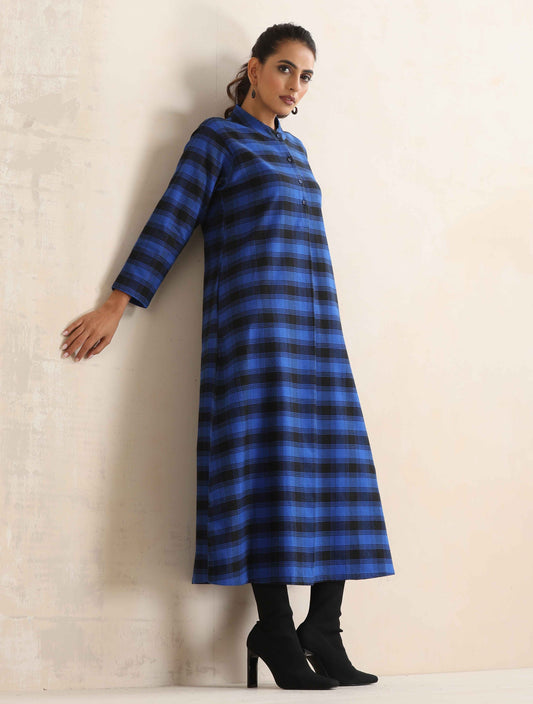 trueBrowns Blue Check Flared Winter Dress | Swadesiicart