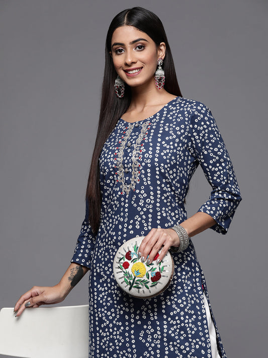 Indian Clothing Varanga Blue Bandhani Print Embroidered Kurta Has Round Neck - Swadesiicart