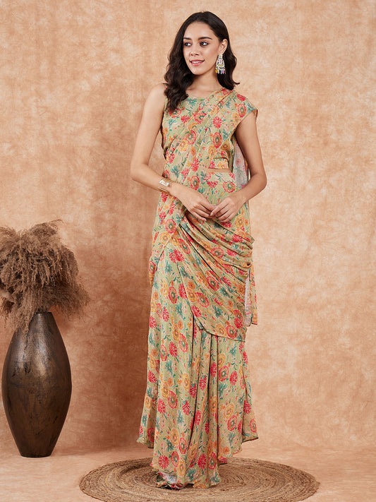InWeave Women's Pear Green Red Floral Skirt Saree - Swadesiicart