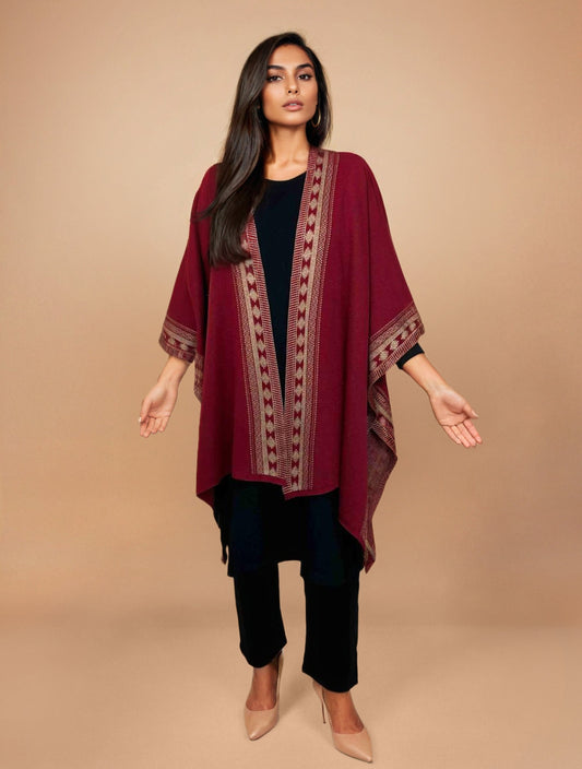 trueBrowns Maroon Woollen Geometric Kaftan Cape | Swadesiicart