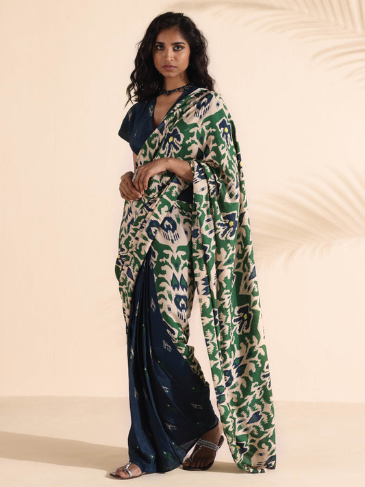 trueBrowns Green Blue Muslin Ikat Saree | Swadesiicart
