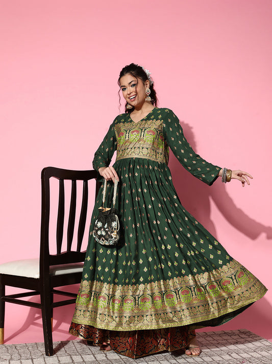 InWeave Women's Bottle Green Gold Border Anarkali Kurta - Swadesiicart