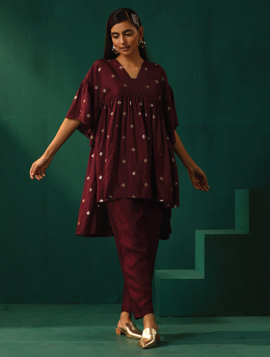 trueBrowns Wine Diamond Viscose Silk Waist Sleeve Gathered Co-ord Set - Swadesiicart