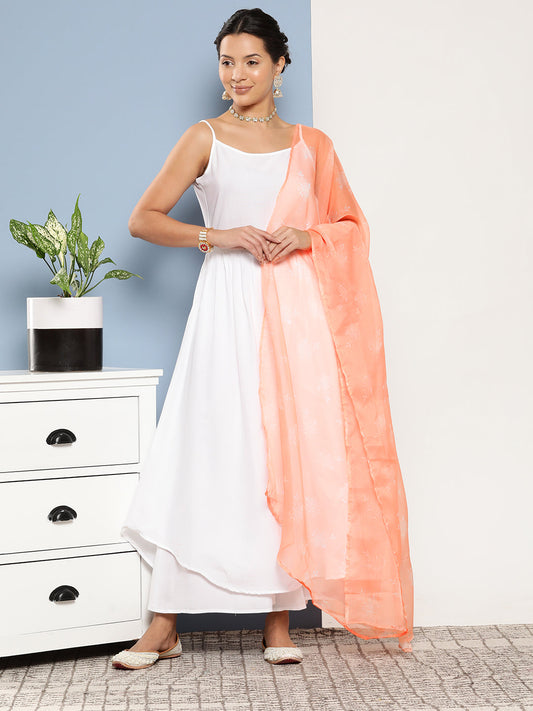 InWeave Women's Cream Strappy With Peach White Chintz Organza Dupatta - Swadesiicart