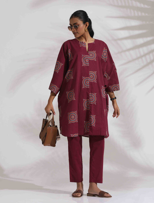 trueBrowns Purple Cotton Print Kurta Co-ord Set - Swadesiicart