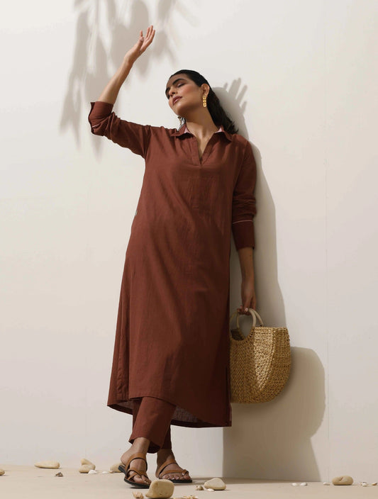 trueBrowns Brown Cotton Linen Kurta Pant Set | Swadesiicart