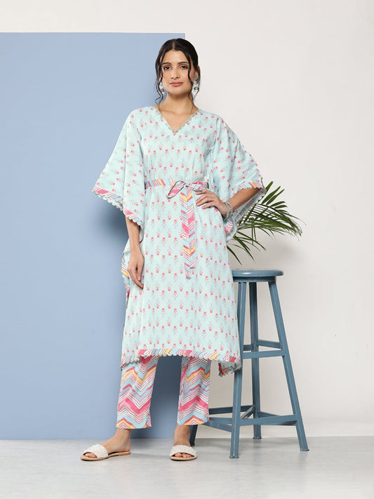 Ahalyaa Women Sea Green Floral Printed Gotta Patti Kurta with Trousers | Swadesiicart