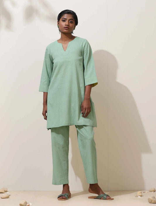 trueBrowns Mint Green Cotton Linen Kurta Co-Ord Set - Swadesiicart