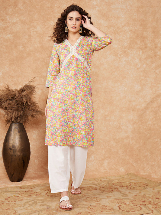 InWeave Women's Multi Floral Painted Alia Lace Work Straight Kurta - Swadesiicart