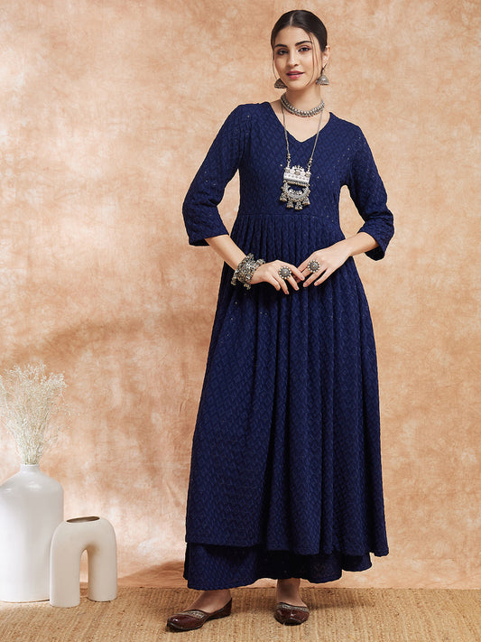 InWeave Women's Royal Blue Chikankari Long Anarkali Kurta Sharara Set - Swadesiicart