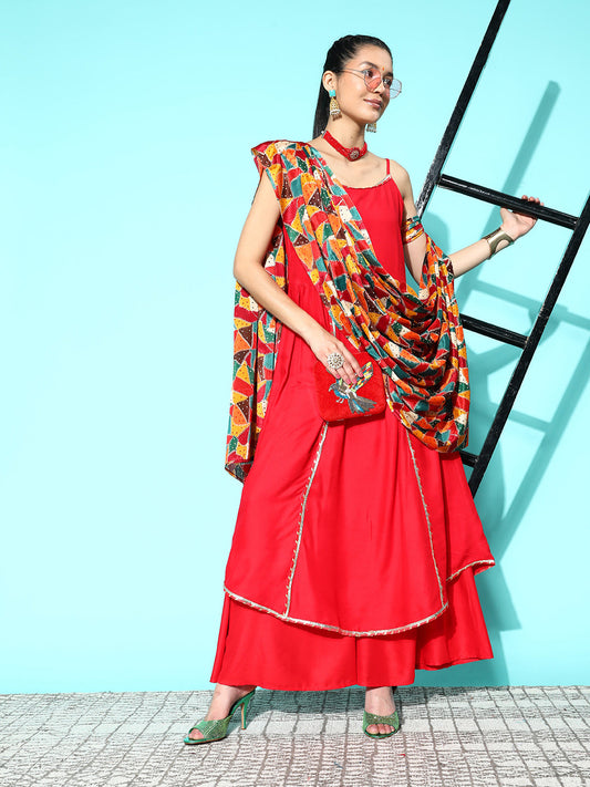 InWeave Women's Red Gota Strappy Set With Multi Foil Muslin Dupatta - Swadesiicart