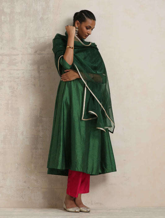 trueBrowns Dark Green Anarkali Kurta Pant Dupatta Set | Swadesiicart