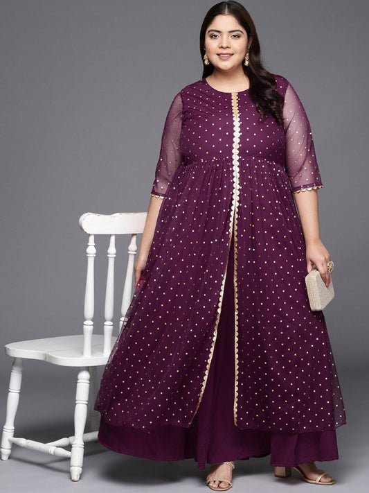 Ahalyaa Plus Size Round neck Net Maxi Ethnic Dress | Swadesiicart