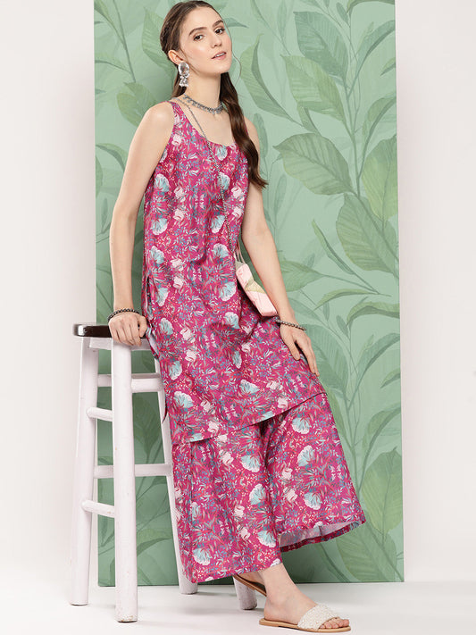 InWeave Women's Magenta Camelia Print Crepe Kurta Set - Swadesiicart