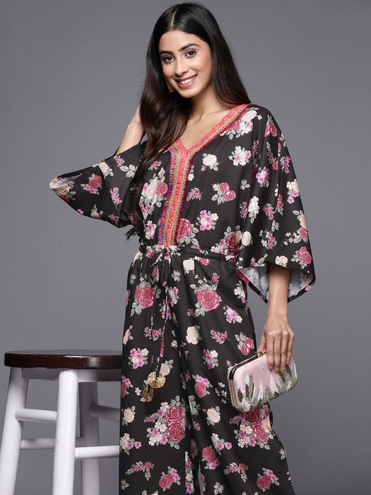 Ahalyaa Printed Crepe Basic Jumpsuit With Lace Inserts | Swadesiicart