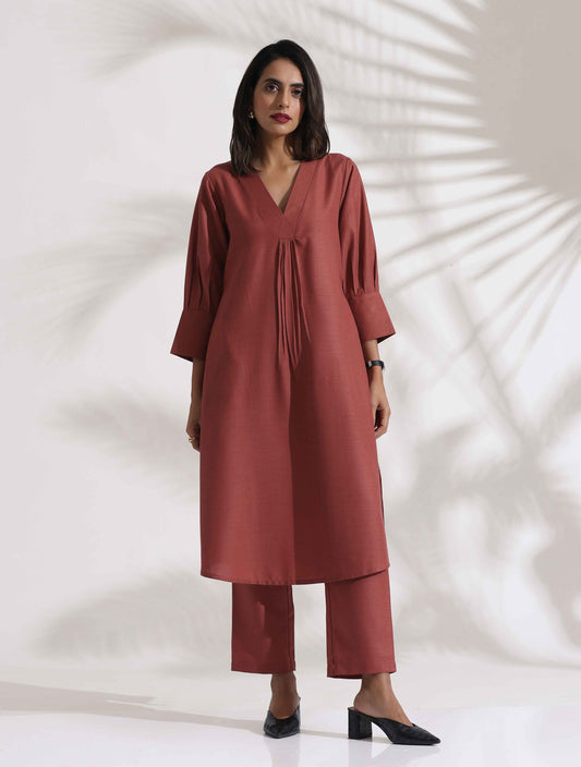 trueBrowns Pink Slub Kurta Set | Swadesiicart