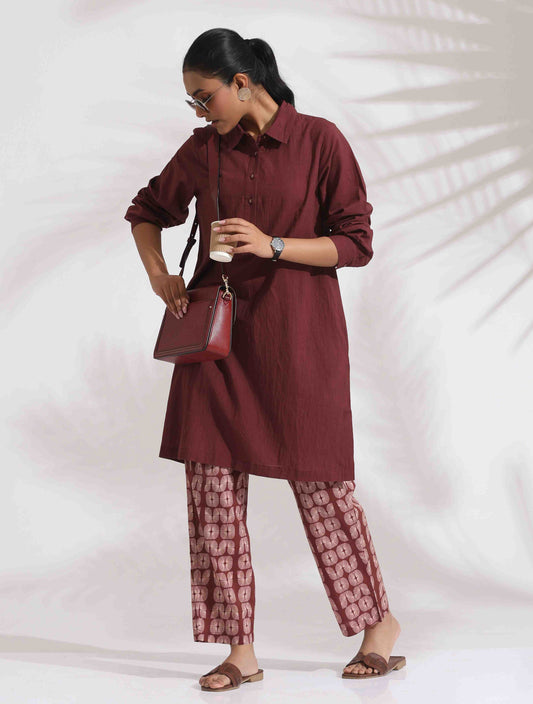 trueBrowns Brown Cotton Solid Kurta Co-ord Set - Swadesiicart