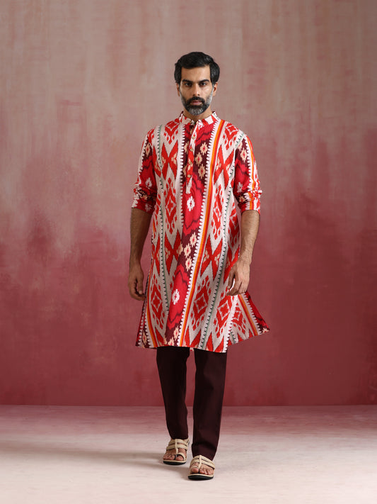 trueBrowns Men's Maroon Ikat Print Mandarin Collar Kurta | Swadesiicart