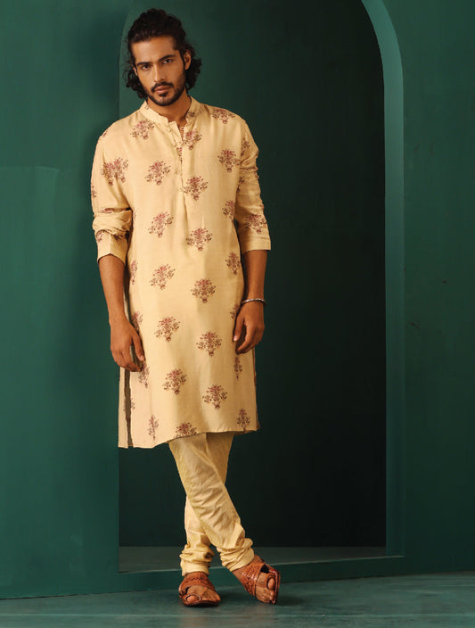 trueBrowns Men's Beige Floral Bunch Muslin Silk Printed Long Kurta | Swadesiicart
