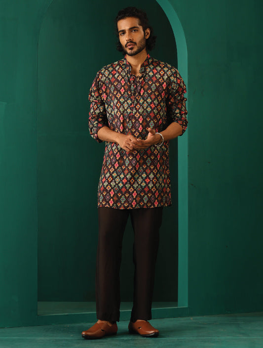 trueBrowns Men's Black Ikat Muslin Silk Printed Co-ord Set - Swadesiicart
