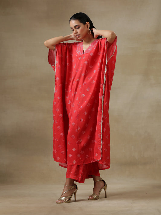 trueBrowns Red Bandhani Printed Silk Panel Kaftan Kurta Pant Set | Swadesiicart