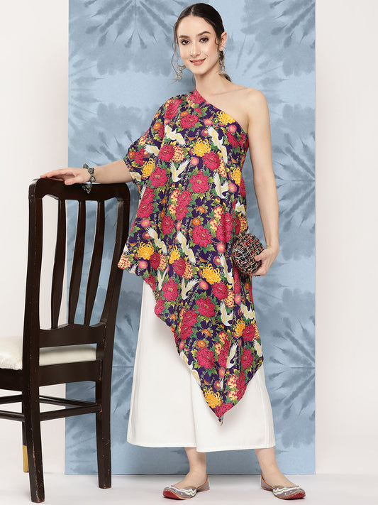 InWeave Women's Navy Bird Japanese Art Oneshoulder Top - Swadesiicart