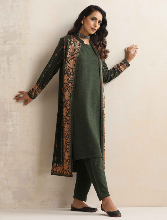 trueBrowns Green Kashmiri Woollen Jacket 3pc Set | Swadesiicart
