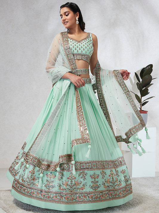 House of Panchhi Burgundy Pure Georgette Sequins And Thread Embroidery Lehenga Choli & Dupatta | Swadesiicart