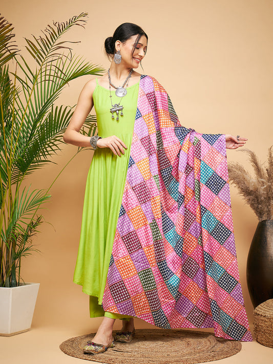 InWeave Women's Lime Green Strappy Set W Square Bandhani Print Silk Dupatta - Swadesiicart
