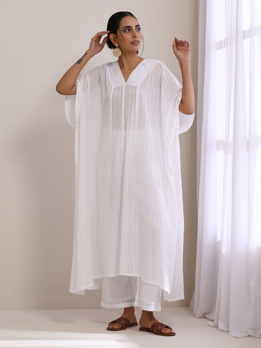 trueBrowns White Dobby Panel Kaftan Kurta Pant Set | Swadesiicart