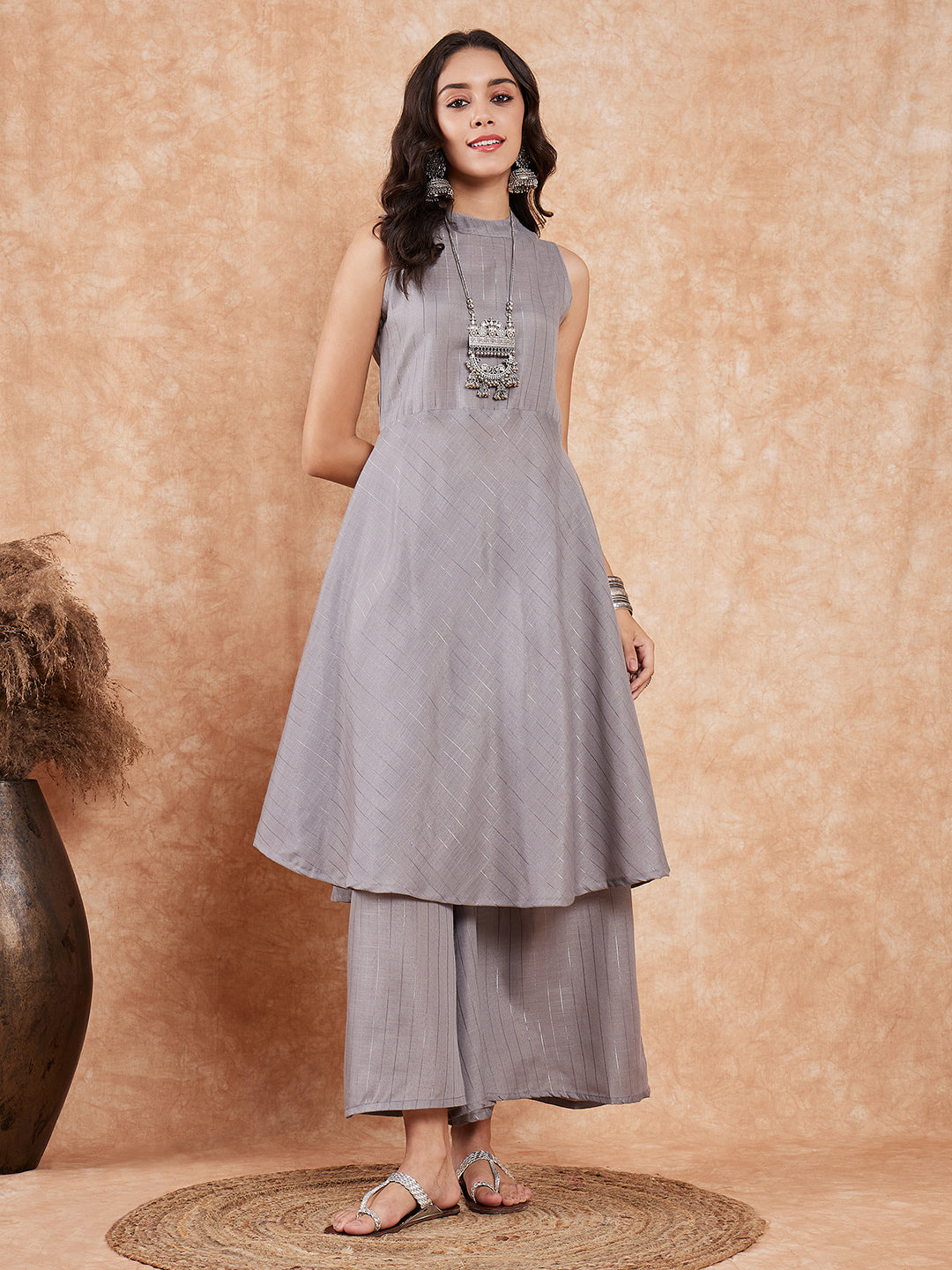 InWeave Light Grey Lurex Halter Neck W/S Kurta Palazzo Set - Swadesiicart