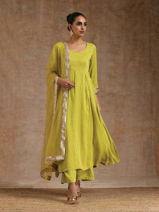 trueBrowns Lime Modal Satin Anarkali Set | Swadesiicart